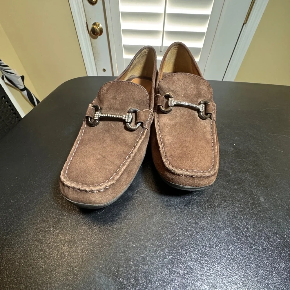Geox size 37 horsebit leather driving loafers with rhinestones brown